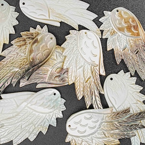 May include: Assortment of seven iridescent mother of pearl shell wings with intricate carvings. The wings are in various shades of white, brown, and beige.