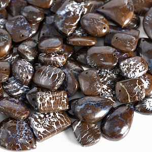 May include: A collection of brown and white opal gemstone cabochons in a variety of shapes and sizes. The stones have a natural, earthy look with white veins and patterns.