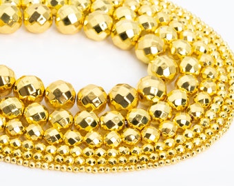 Shiny Gold Tone Hematite Loose Beads Faceted Round Shape 6mm 7-8mm 9mm 11mm