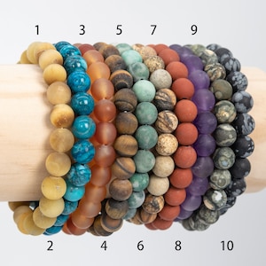 8mm Matte Round Gemstone Bracelet - Tiger Eye / Striped Agate / Qinghai Jade / Jasper / Amethyst / Rhyolite / Obsidian