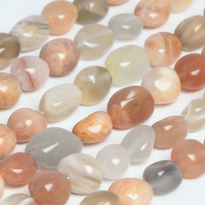 May include: A strand of sunstone beads in various shades of peach, white, and gray. The beads are smooth and polished, with a slightly oval shape.