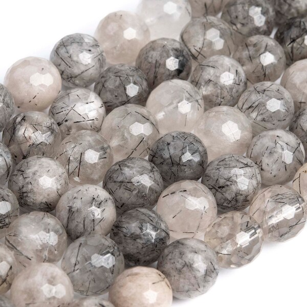 Black Rutilated Quartz Beads AAA Genuine Natural Gemstone Full Strand Micro Faceted Round Beads 9-10MM