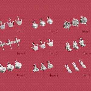 Può includere: Assortimento di ciondoli in metallo argentato, tra cui corone, alberi, libellule, conchiglie e altri design. I ciondoli sono disposti in file su uno sfondo rosso.