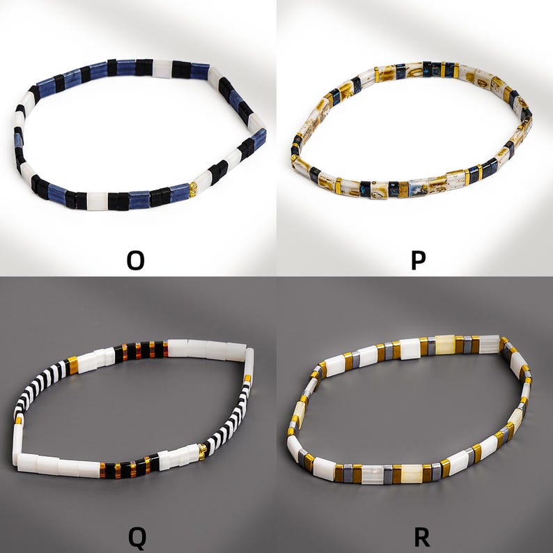 May include: Four necklaces with geometric designs. One necklace features blue, black, and white rectangular beads. Another has gold, black, and white rectangular beads. The other two necklaces have similar designs with different color combinations.