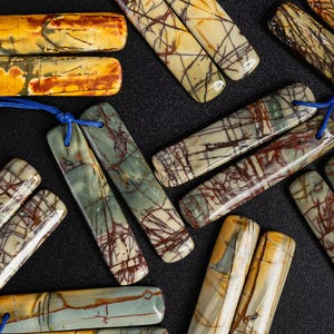 Long Strip Natural Red Creek Jasper Earring-Flat Rectangle Cab Picasso Jasper Top Drilled Matched Cabochon Gemstone Earring