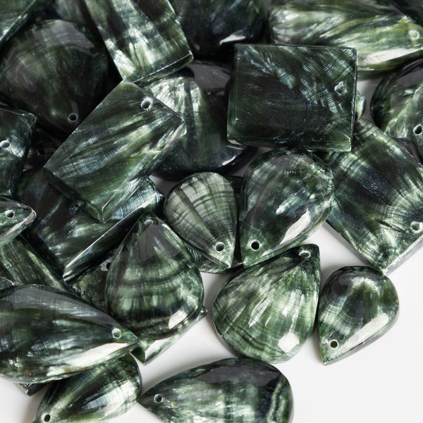 Top Drilled Cabochon Different Shape Stone Pendant - Genuine Natural Green Seraphinite