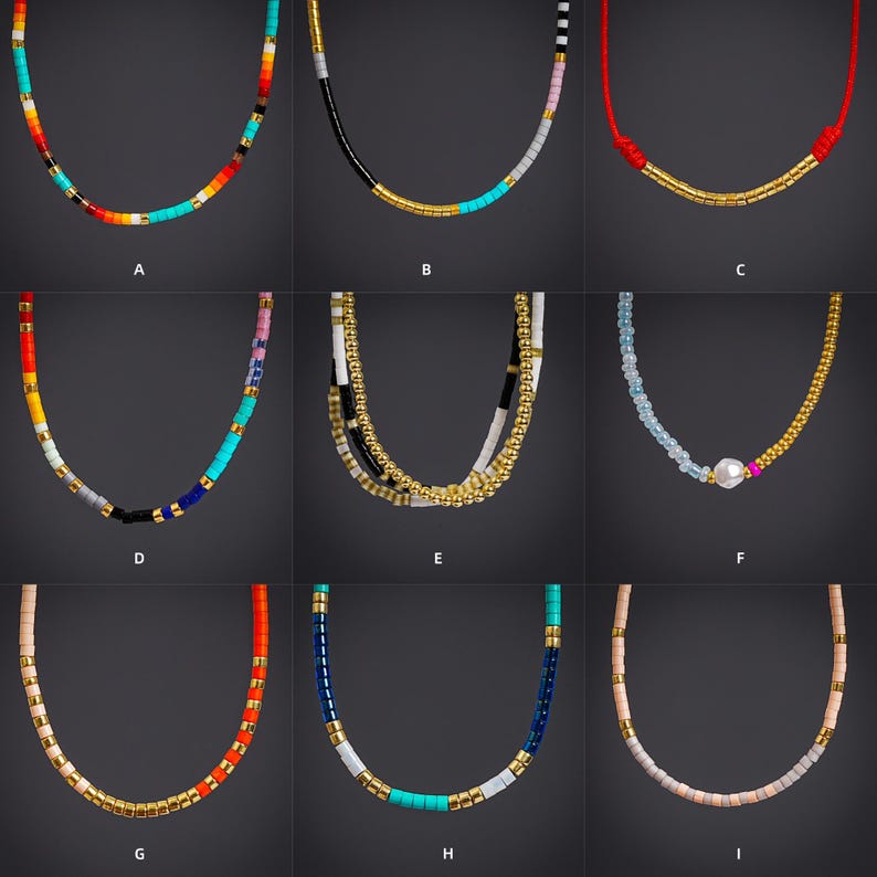May include: Nine beaded necklaces in various designs. The necklaces feature colorful beads, gold-colored accents, and different cord colors. Styles include a rainbow pattern, black and white, red cord, and a pearl pendant.
