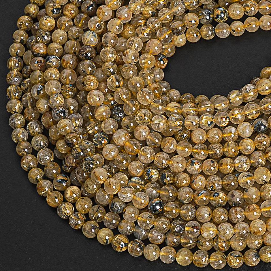 Perles Rondes En Quartz Rutilé Doré Naturel - Tailles 4mm Et 6mm - Pour Création De Bijoux De Luxe