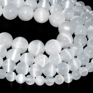 Genuine Natural Cat Eye Pearl White Selenite Loose Beads Grade AAA Round Shape 6mm 8mm 8-9mm 10mm