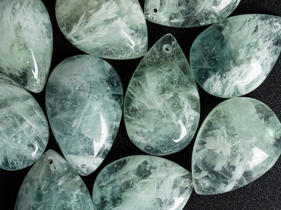 Natural Green Feather Fluorite Pendant-Teardrop Shape Feather Fluorite Top Drilled Cabochon Pendant