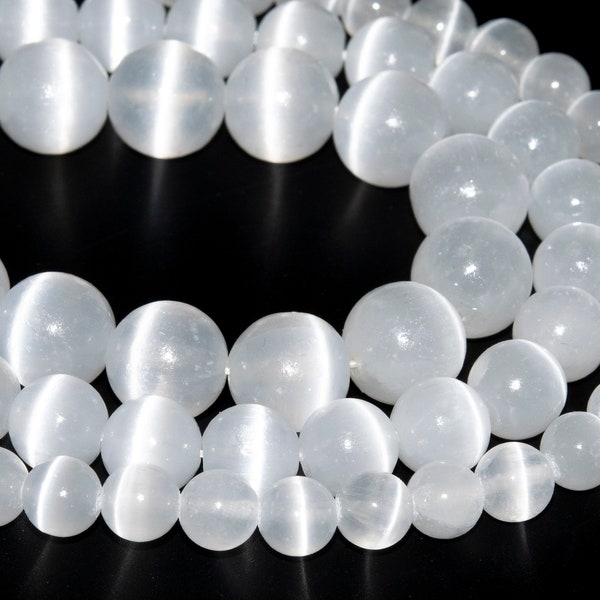 Genuine Natural Cat Eye White Selenite Loose Beads Grade AAA+ Round Shape 6mm 8mm 10mm