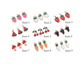 6 Pcs Fruit / Vegetable Enamel Charms - Gold Tone With Color Enamel