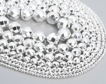 Shiny White Gold Tone Hematite Loose Beads Faceted Round Shape 5-6mm 7-8mm 9mm 11-12mm