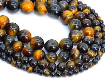 Genuine Natural Yellow Blue Tiger Eye Loose Beads Grade AAA Round Shape 6mm 7-8mm 10mm 12mm