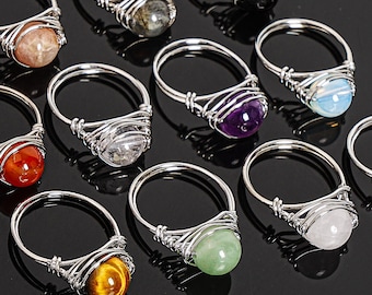 8MM Nature Mixed Crystal Ring,Silver Wire Wrapped Gemstone Ring,Birthstone Beaded Rings,Dainty Healing Crystal