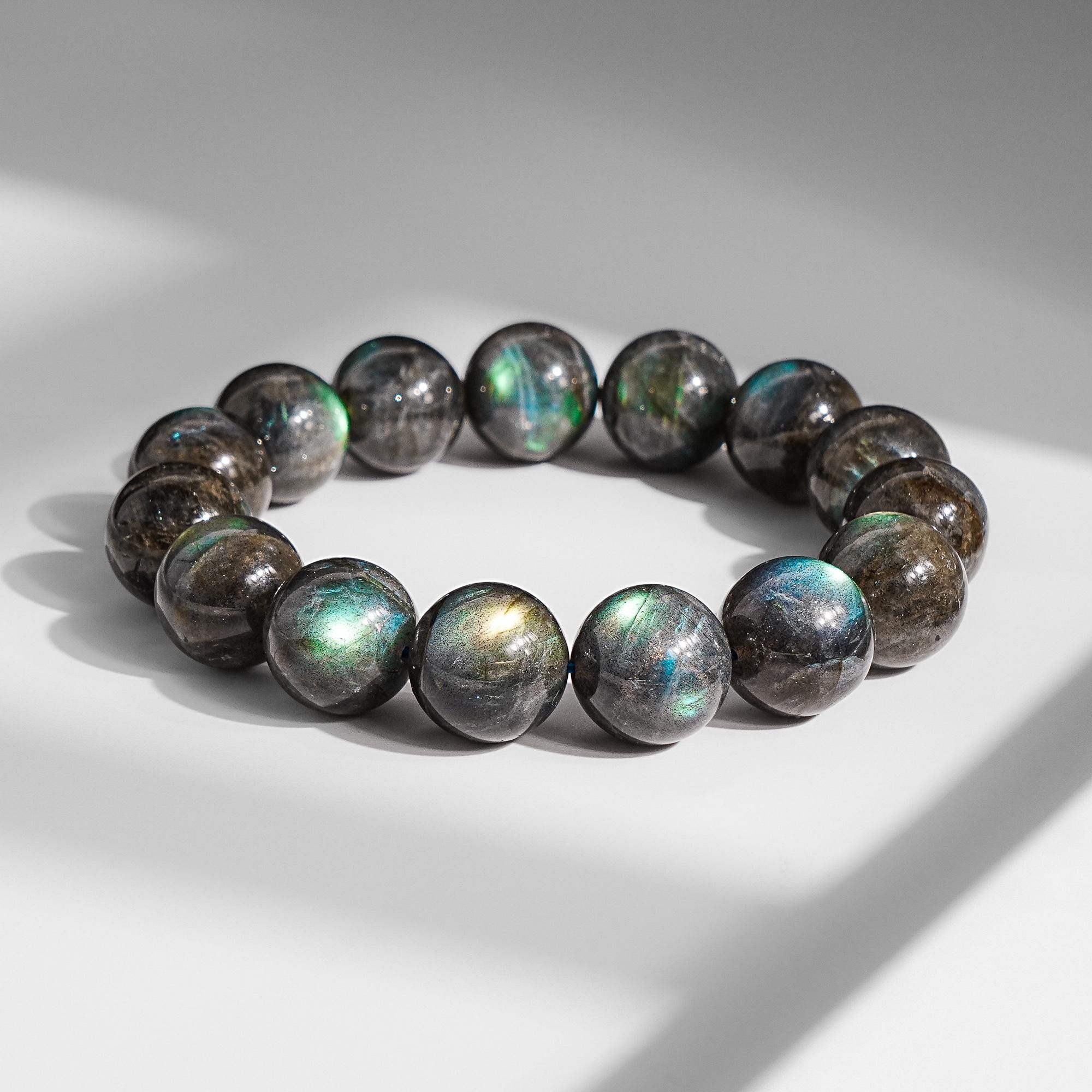 Bracelet Perles Labradorite Verte - Acier Inoxydable Doré - Longueur 17-18 Cm - Fermoir Mousqueton - Style Naturel Et élégant