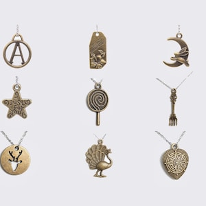 10 Pcs Connector Charm - Antique Bronze Tone Beads (Letter A, label, rabbit, star, lollipop, fork, elk, peacock, six-pointed star)