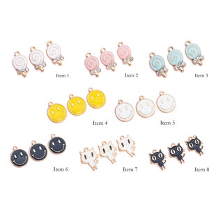 6 Pcs Lollipop / Smiling Face / Cat Enamel Charms - Gold Tone With Color Enamel