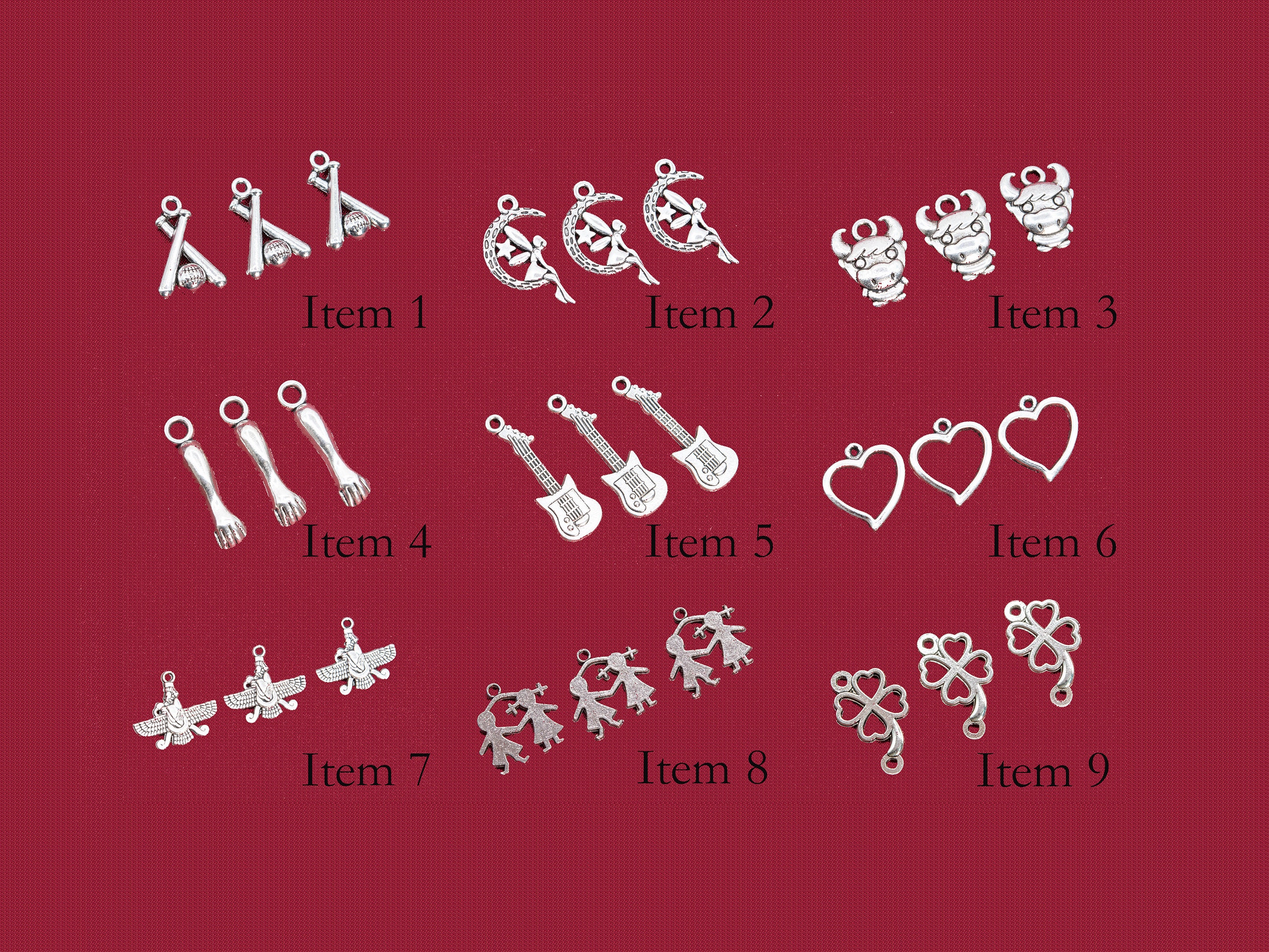 5 Pcs Antique Sliver Tone Charm Zinc Alloy Metal-baseball Bat/moon