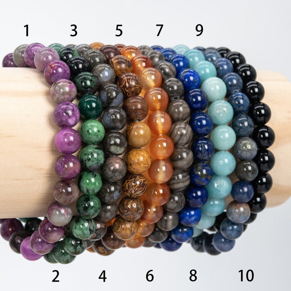 8mm Round Gemstone Bracelet - Jasper / Ruby Zoisite / Llanite / Calligraphy Stone / Agate / Lapis Lazuli / Amazonite / Dumortierite