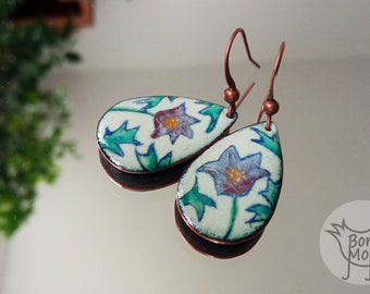 Floral drop shape copper enamel boho dangle earrings - Natural artisan handmade torch fired jewelry