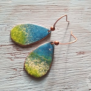 Drop shape blue white green copper enamel earrings - Natural torch fired jewelry