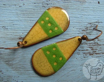 Copper enamel dangle earrings - Natural torch fired jewelry