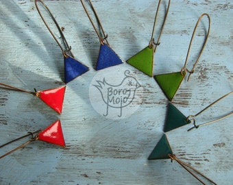 Colourful triangular copper enamel dangle earrings - Natural torch fired jewelry