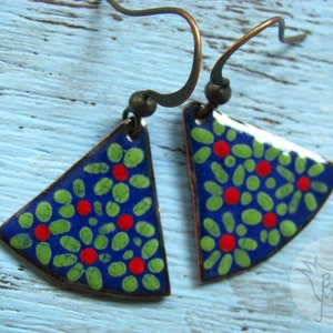 Blue green floral copper enamel earrings - Natural torch fired jewelry