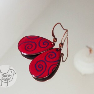 Red drop shape boho copper enamel dangle earrings - Natural artisan handmade torch fired jewelry