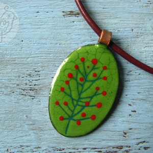Oval green red-berry copper enamel pendant - Natural torch fired jewelry