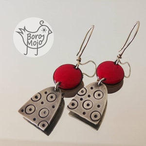 Burgundy red enamel and silver earrings - Natural torch fired jewelry