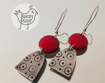 Burgundy red enamel and silver earrings - Natural torch fired jewelry