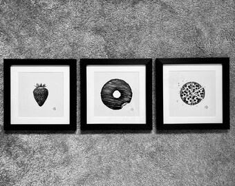 Food Triptych - a set of 3 digital prints of hand-drawn pen and ink pictures from past Inktober series'