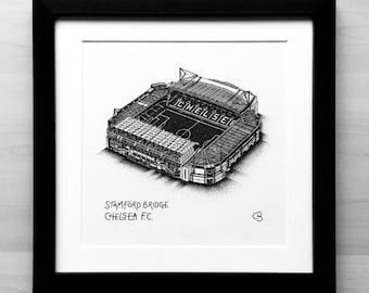 Chelsea FC Stadium - Digital Print - of a hand-drawn pen and ink picture of Stamford Bridge
