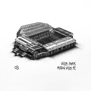 May include: Black and white pen and ink illustration of Villa Park, the home stadium of Aston Villa Football Club. The drawing shows the stadium from an aerial perspective, with the pitch and stands visible.