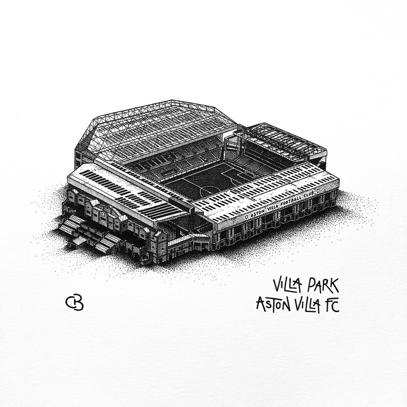 May include: Black and white pen and ink illustration of Villa Park, the home stadium of Aston Villa Football Club. The drawing shows the stadium from an aerial perspective, with the pitch and stands visible.