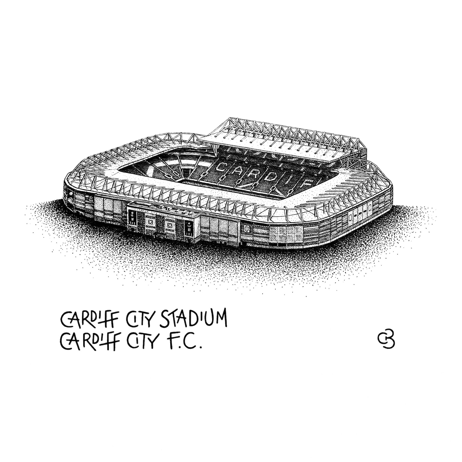 Cardiff City FC Stadium Original Drawing hand-drawn pen and ink picture ...