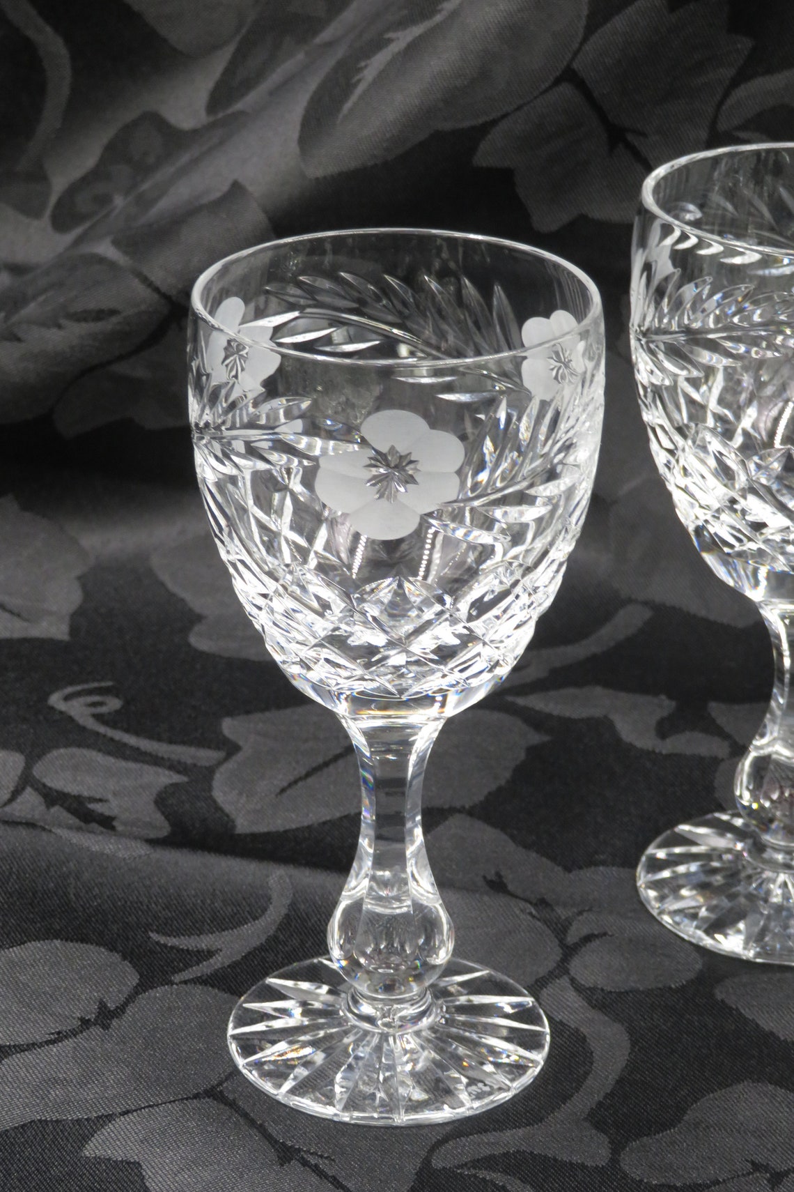 4 large Tutbury crystal wine glasses acid etched flower Etsy