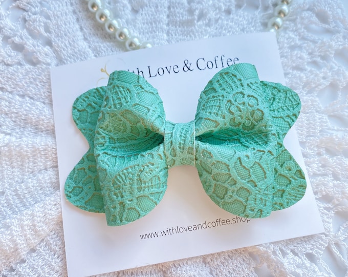 Green Baby Hairbow, Lace Appliqué, lace embossed, pottery color, cute clips for girls, toddler fashion accessories, gift under 10