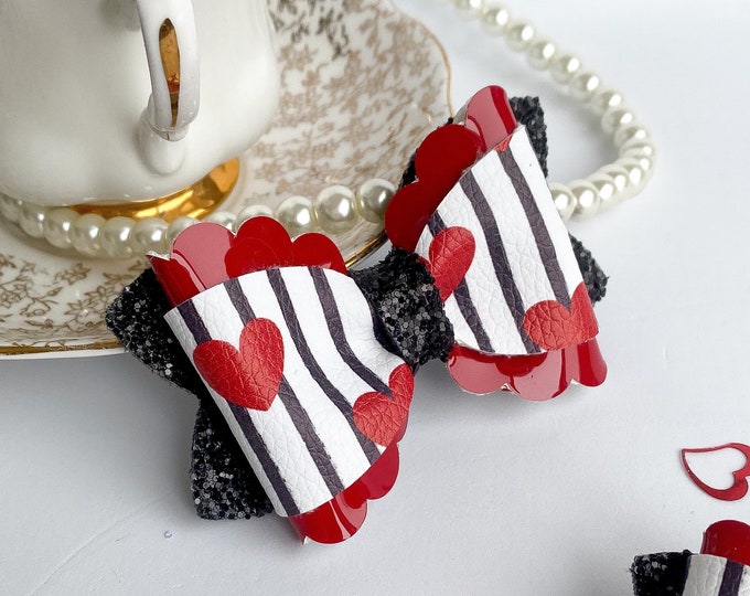 Scalloped Hairbow, bows for girls,Jailed in Love, black and white stripes, Valentine’s Day gift