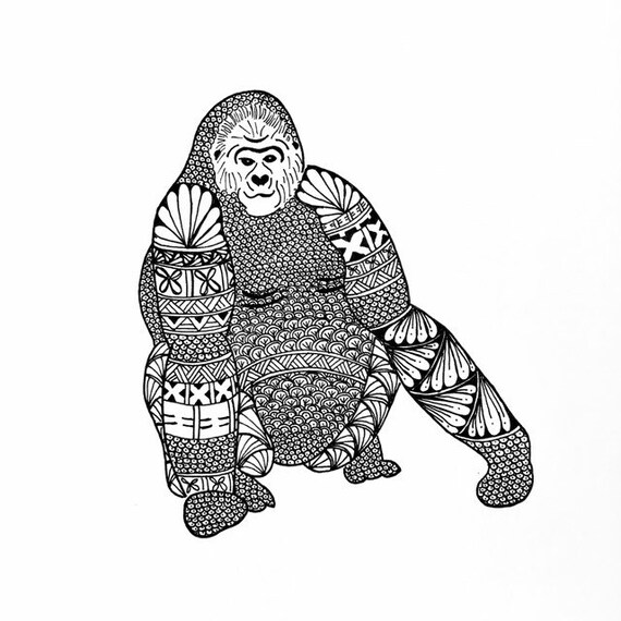 Zentangle gorilla print original design etsy Zentangle gorilla print original design etsy