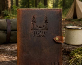 Diario de acampada de cuero, cuaderno de aventuras A5 recargable y personalizado, registro de viaje a medida para campistas.