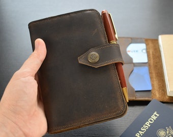 Leather Pocket Notebook Wallet, Personalized Field Notes Cover, Passport Holder Travel Journal, Custom Gift for Him