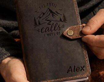 Leather Hiking Journal Personalized  Cover, Refillable Trail Notebook and Passport Holder with Card and Cash Pockets