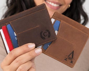 Portefeuille en cuir personnalisé pour homme, porte-cartes RFID fin gravé, portefeuille pleine fleur avec poche sur le devant, cadeau de garçon d'honneur