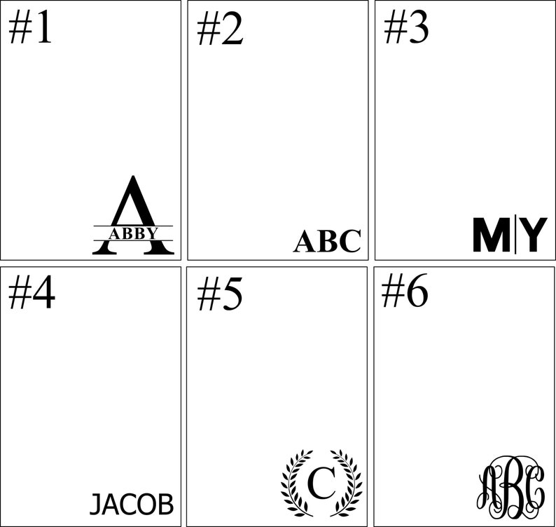 May include: Six different monogram designs, each with a unique style. The designs include a single letter with a name underneath, a three-letter monogram, a single letter with a wreath, and a three-letter monogram with a decorative flourish.