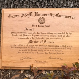 Laser Engraved Diploma Certificate 9x12in, Unique Diploma Display, Wooden Diploma Plaque.