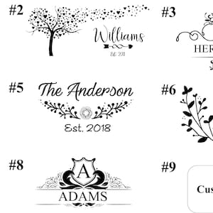 May include: Nine different black and white custom logo designs for a kitchen or home. The designs include a tree with hearts, a wreath with a letter S, a couple of salt and pepper shakers, a shield with a letter A, and a floral design with the text "The Anderson Est. 2018".