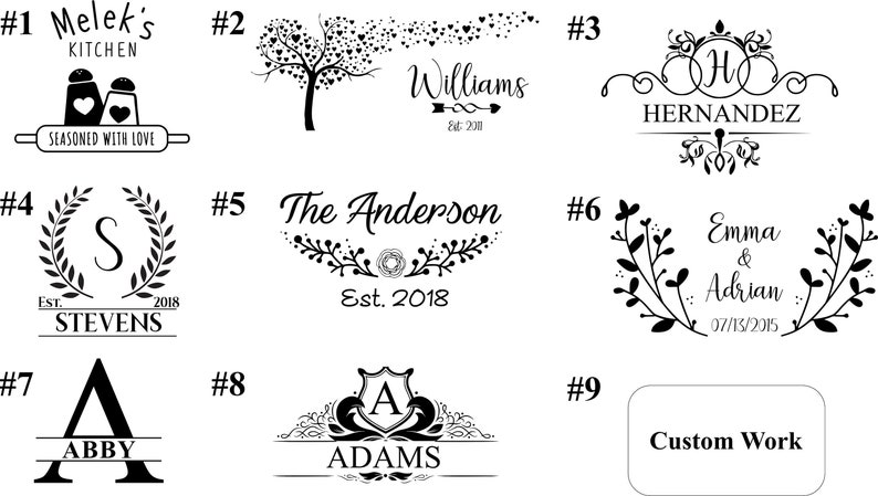 May include: Nine different black and white custom logo designs for a kitchen or home. The designs include a tree with hearts, a wreath with a letter S, a couple of salt and pepper shakers, a shield with a letter A, and a floral design with the text "The Anderson Est. 2018".